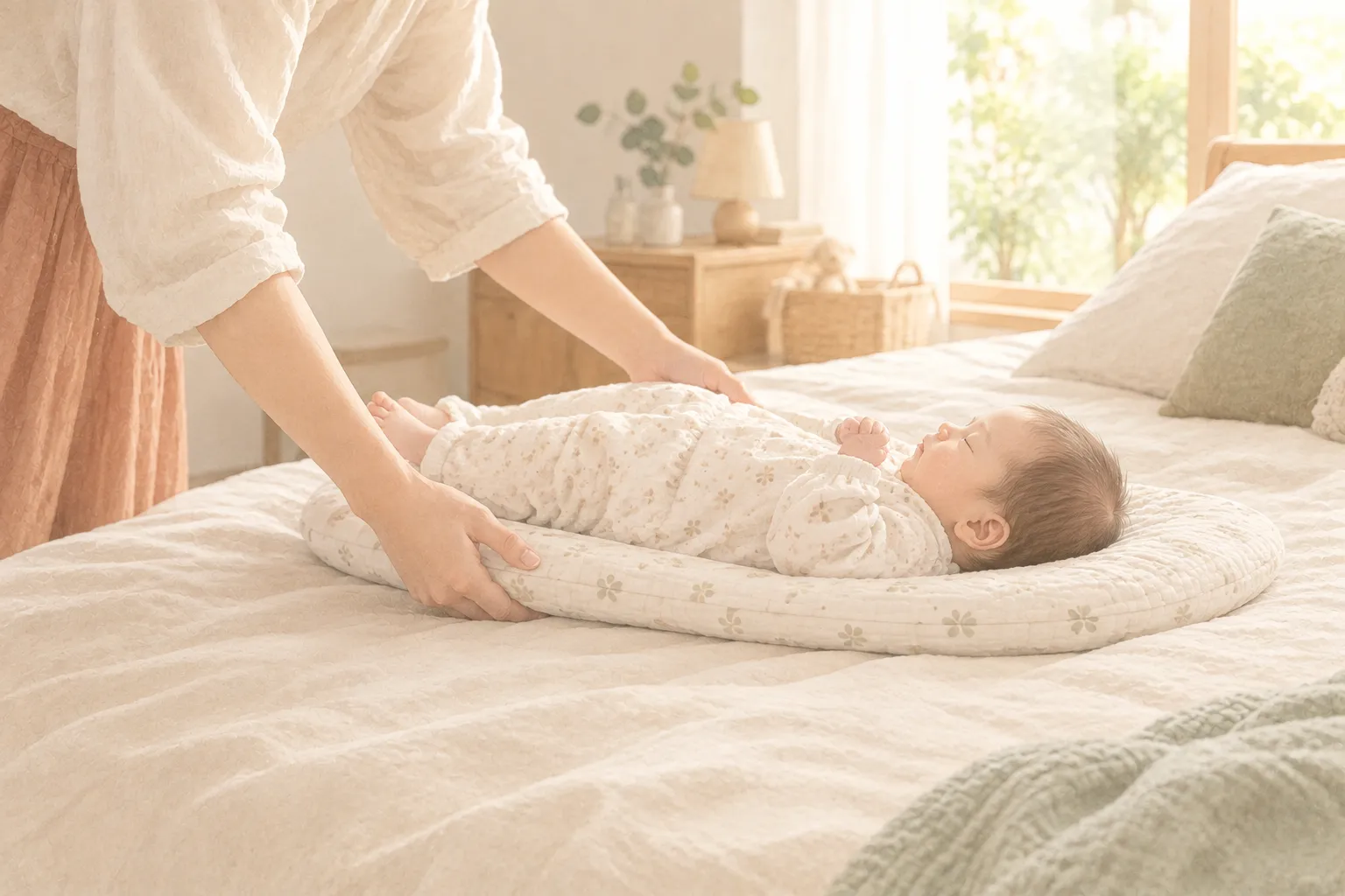 抱っこふとんにあおむけで眠る赤ちゃんを、ふとんごとベッドにそっと下ろしているイメージ