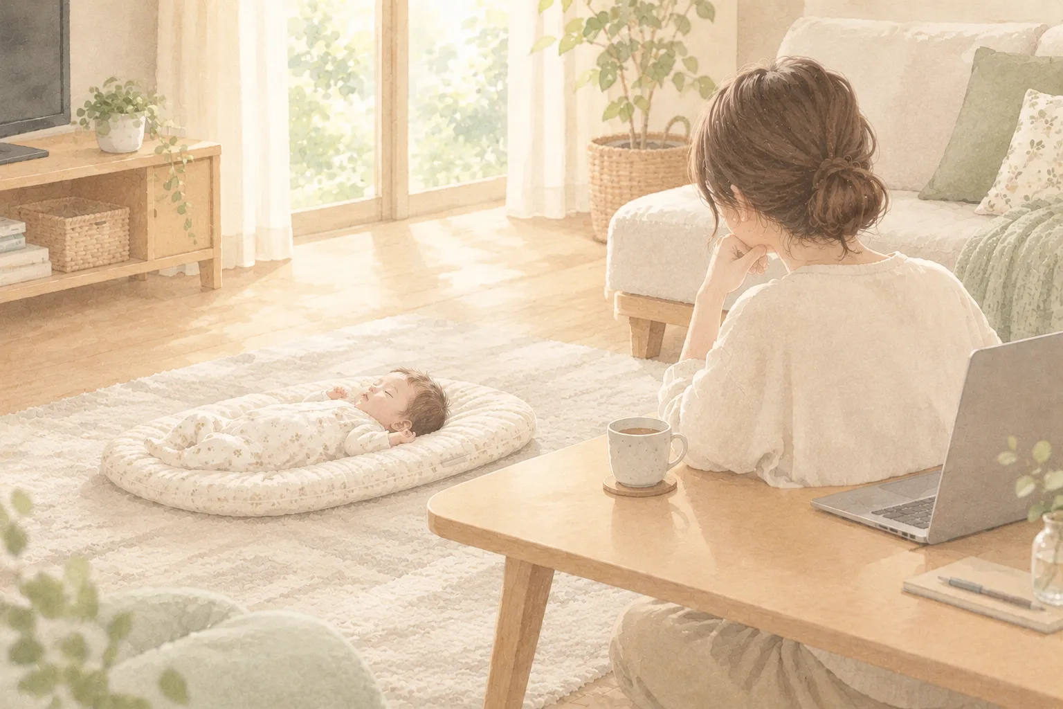 リビングのラグの上で抱っこふとんにあおむけで眠る赤ちゃんと、近くのテーブルでパソコンを開いて様子を見る母親のイメージ